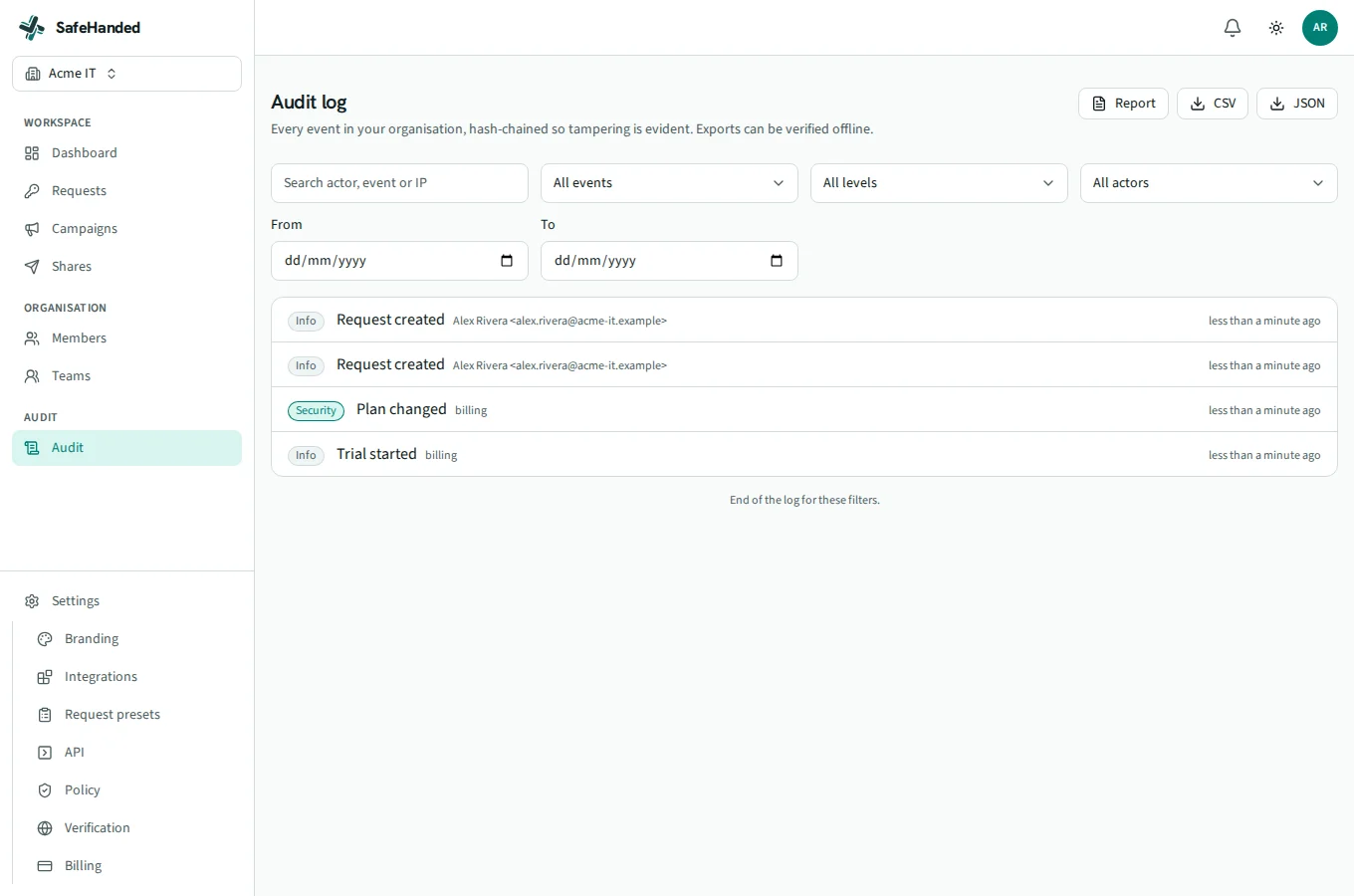 The audit log: every event with who did it, when, from where and the outcome, ready to export.