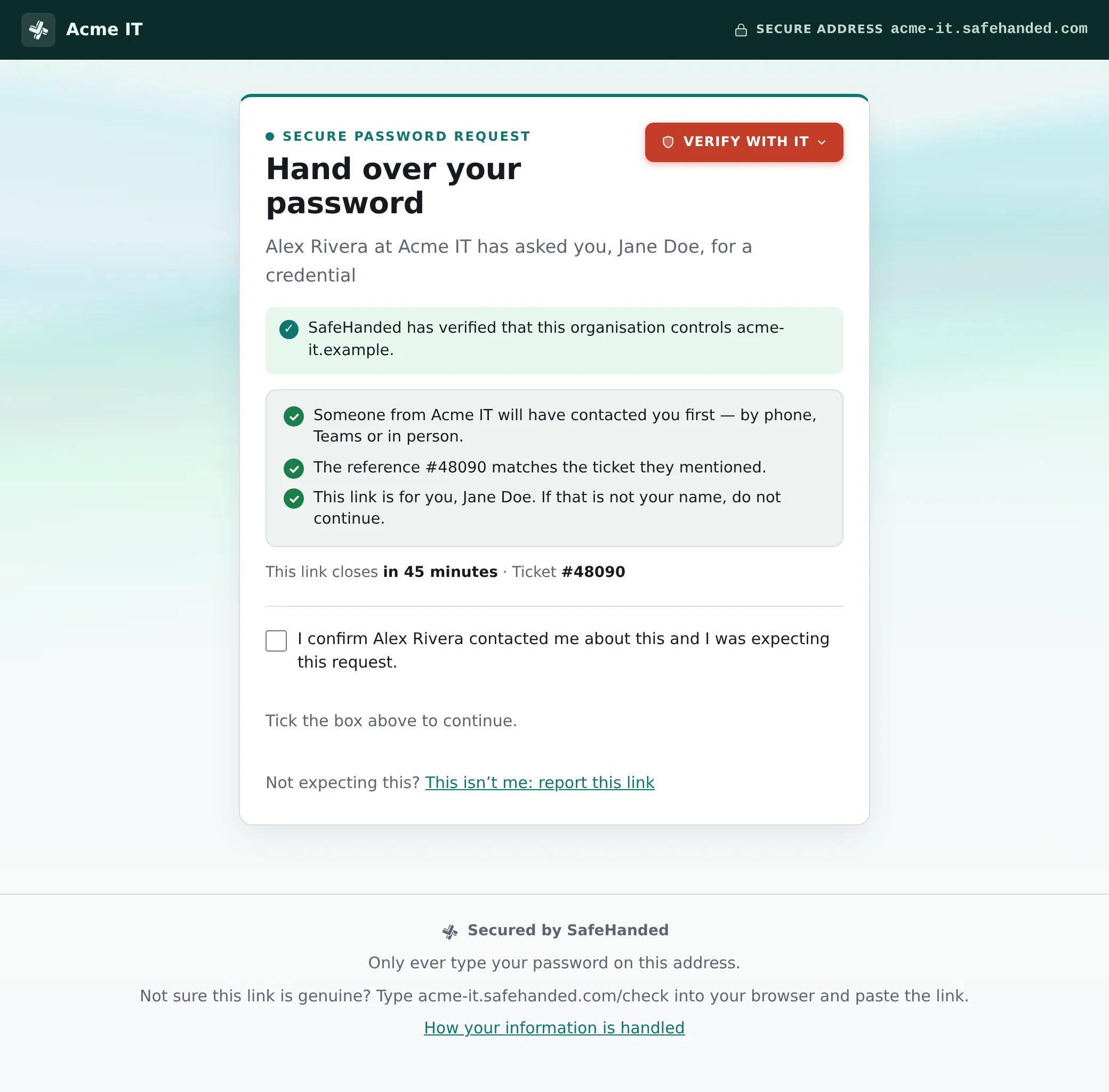 The branded handoff page the end user opens: Acme IT branding, a secure-address bar, verify-with-IT, named trust checks and a verified-issuer confirmation.