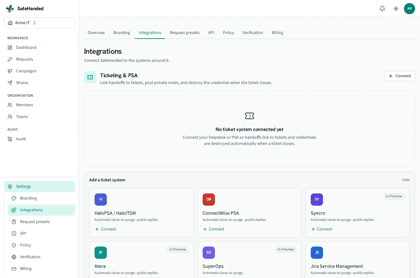 The integrations page: ticketing, directory, chat and SIEM connectors.