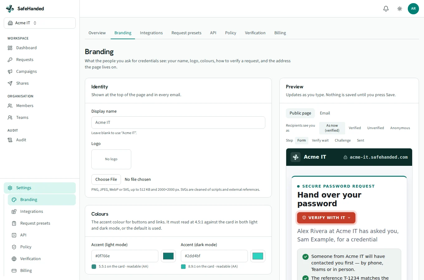 The branding editor: per-client logo, colours, contacts and a live preview of that client's handover page.